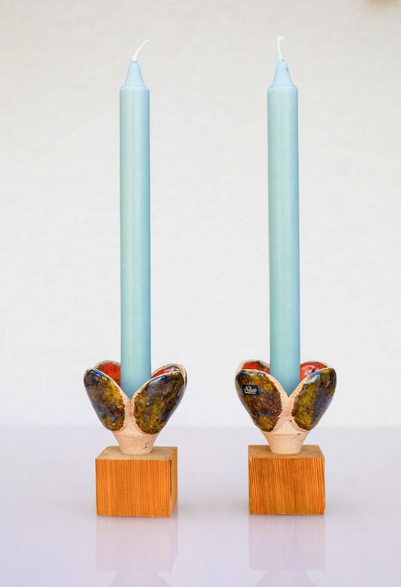 Bougeoirs en céramique et en bois de Nittsjö, Suède, années 1970, ensemble de 2