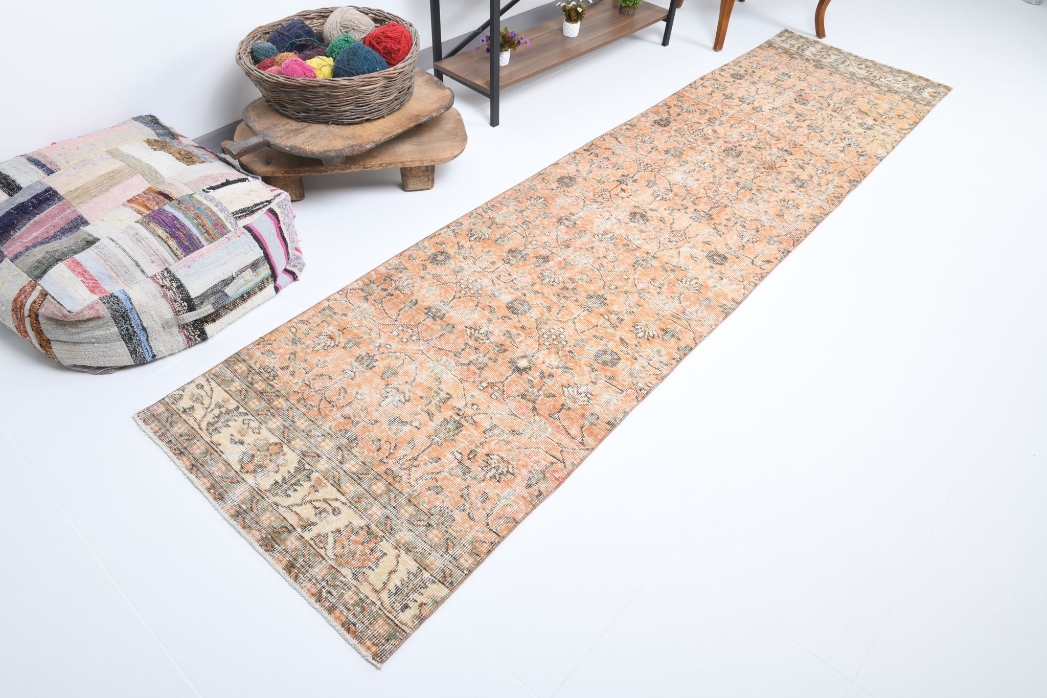 Tapis floral orange vintage, 340x85cm