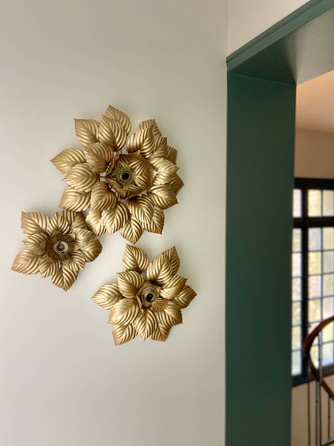 Three MASCA (Italy) wall lights in gilded metal - 1970.