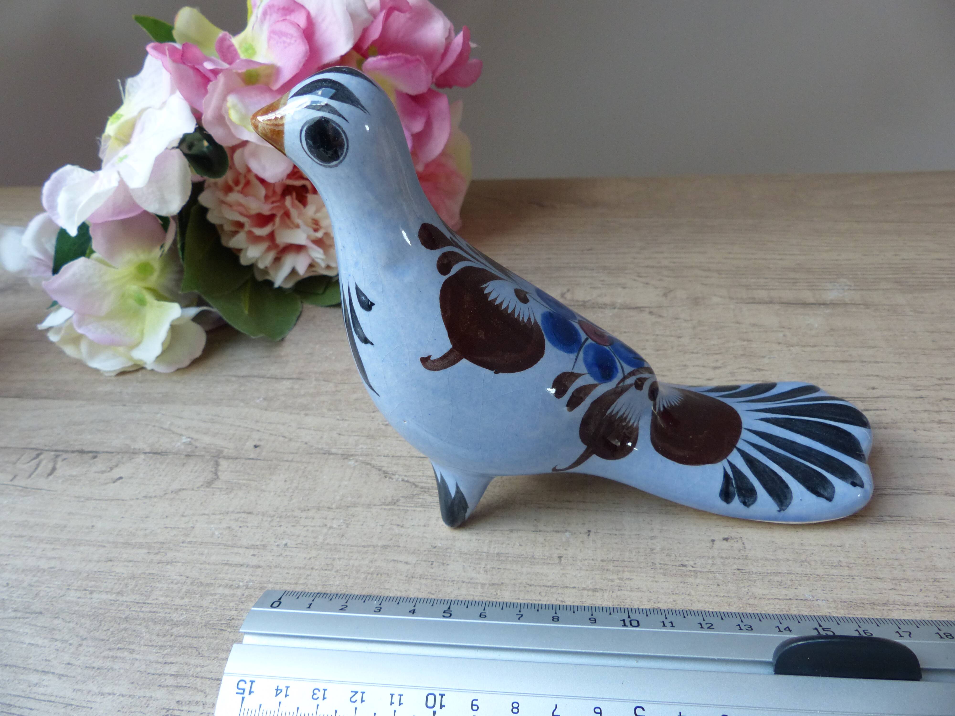 Bird figurine, large Tonala pottery dove with floral pattern Mexico vintage decoration