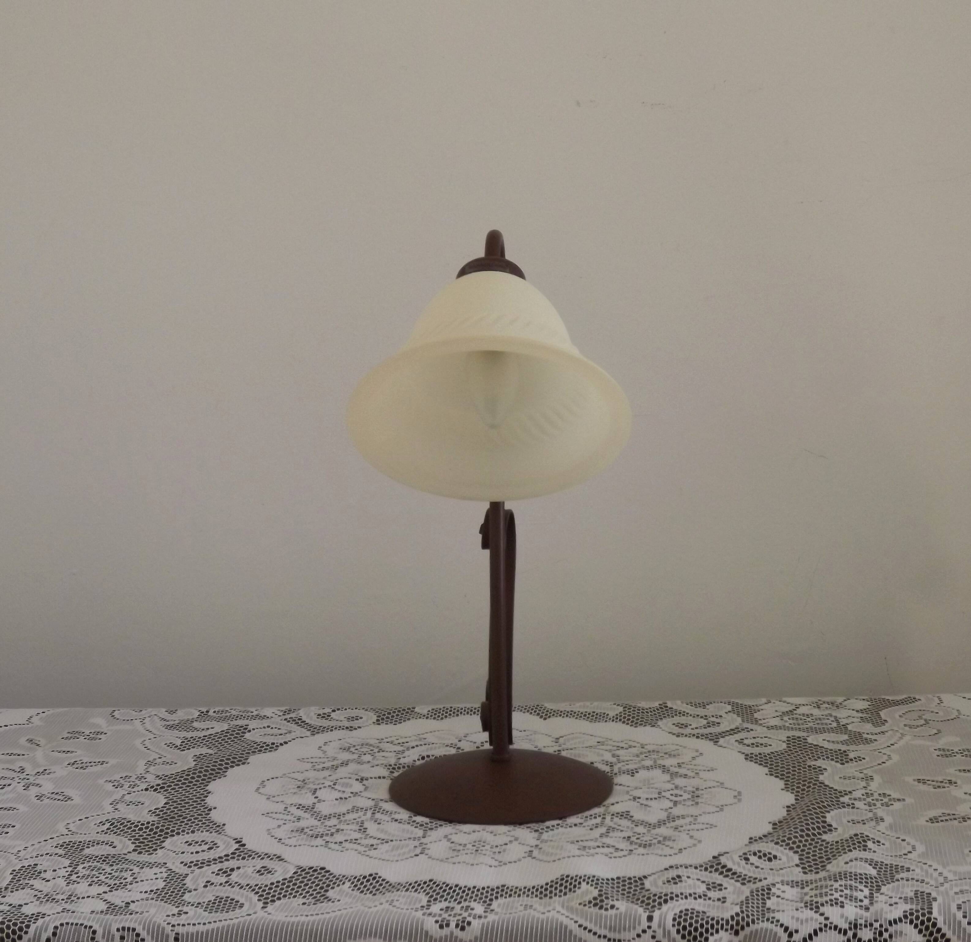 Vintage French Brown Metal Goose Neck Lamp With Textured Glass Shade