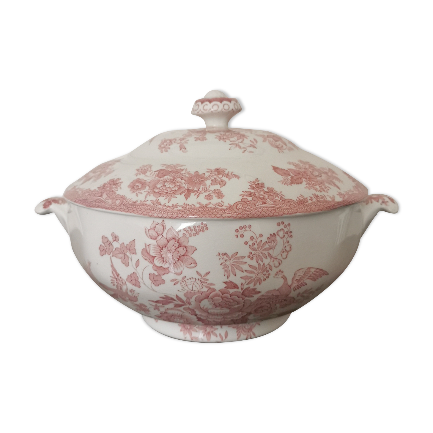 English soup bowl with purple floral motifs