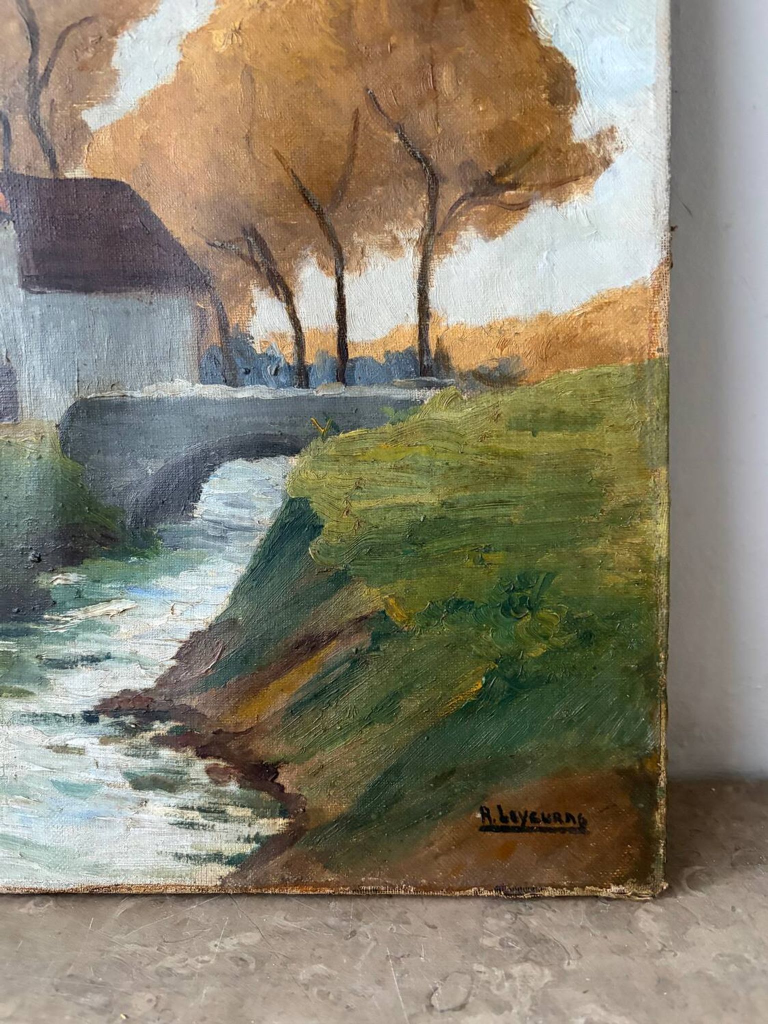 House by the river, oil on canvas signed