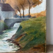 House by the river, oil on canvas signed