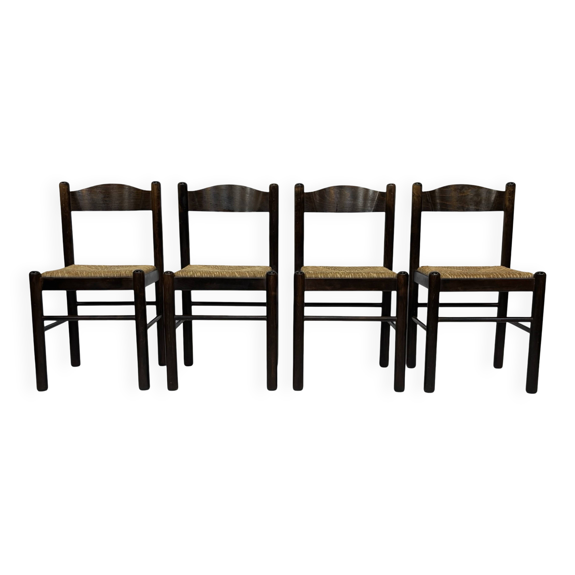 Set of 4 dark brown wooden chairs 70s minimalist design