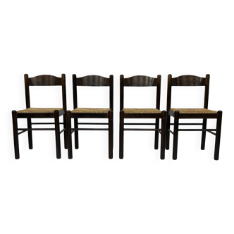Set of 4 dark brown wooden chairs 70s minimalist design