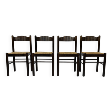 Lot de 4 chaises en bois marron foncé design minimaliste années 70