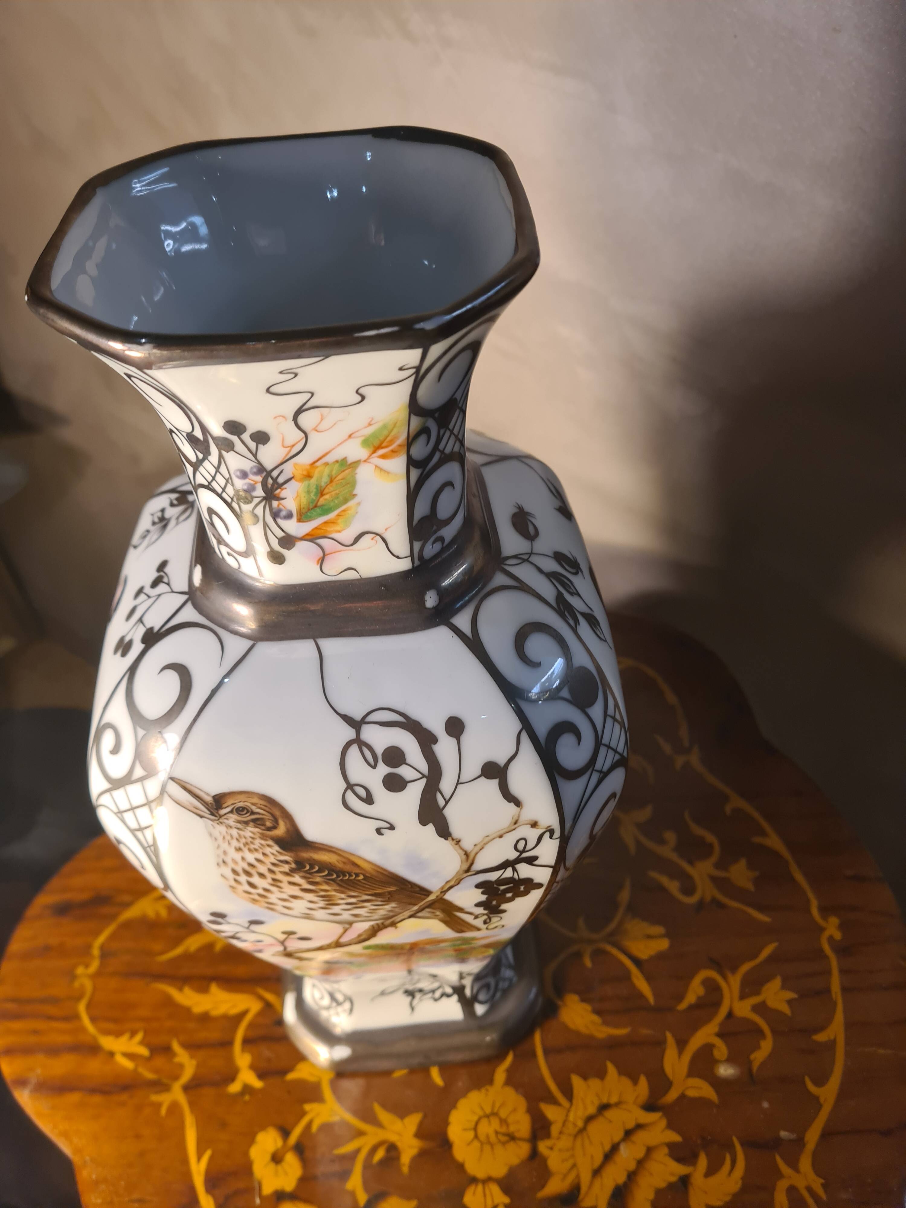 ceramic vase with birds BOHEMIA porcelain 1960 37x17 beautiful size