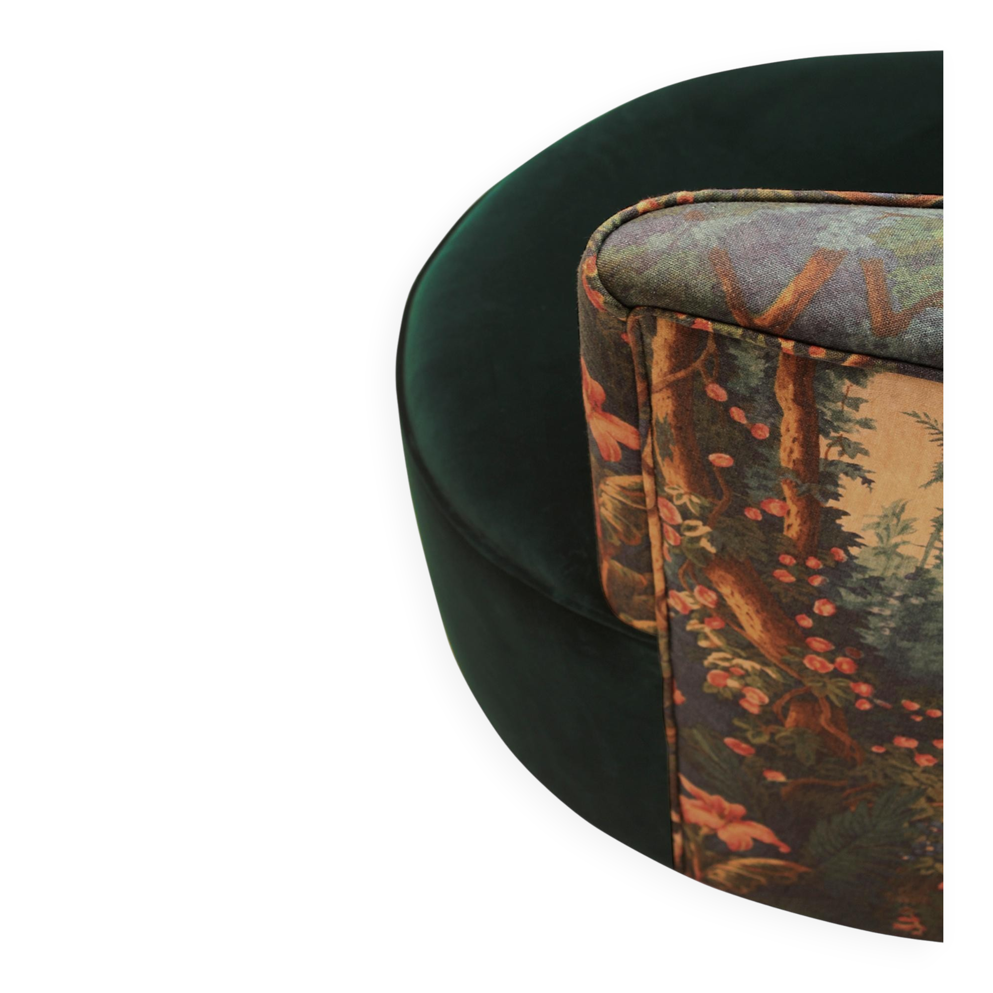 Modern Mid-Century Style Green and Forest Motif Linen and Velvet Armchair France