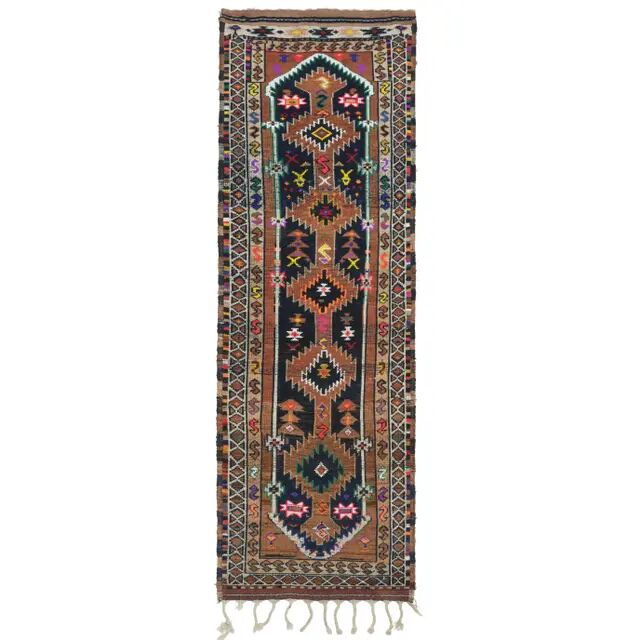 1970s Vintage Turkish Oushak Handmade Wool Cotton Brown Runner Rug 96x301