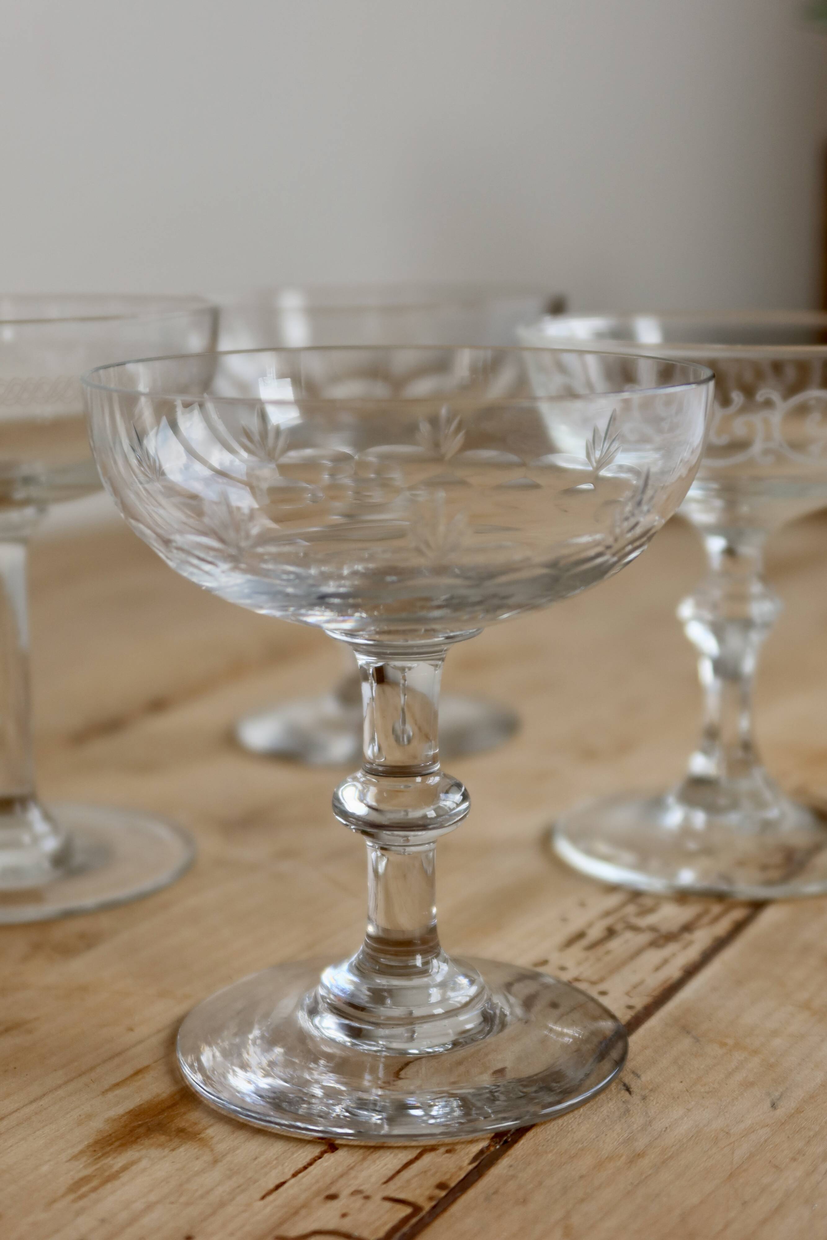 Vintage mismatched crystal cut champagne coupes - 1950s