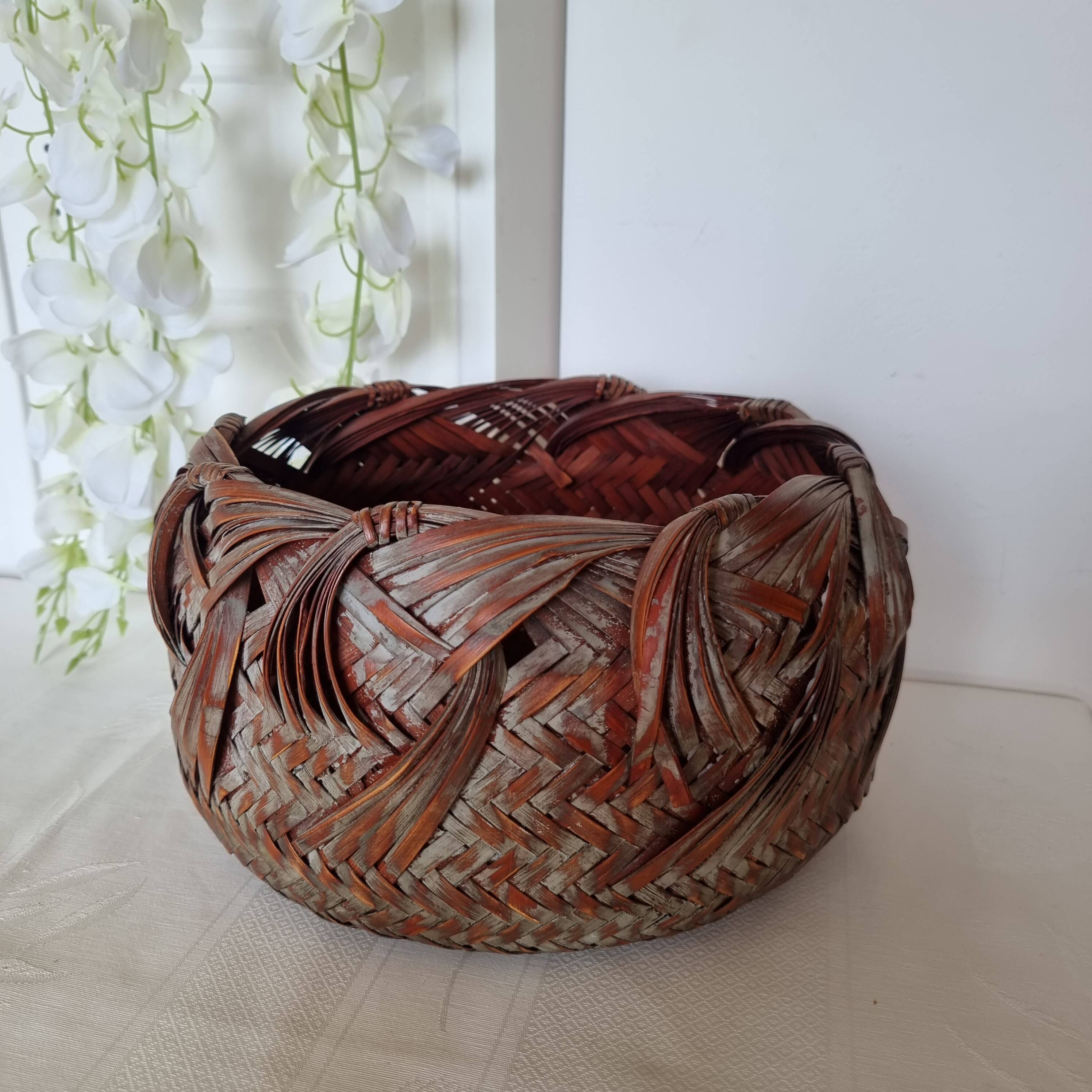Vintage Japanese Ikebana basket made of smoked bamboo in natural