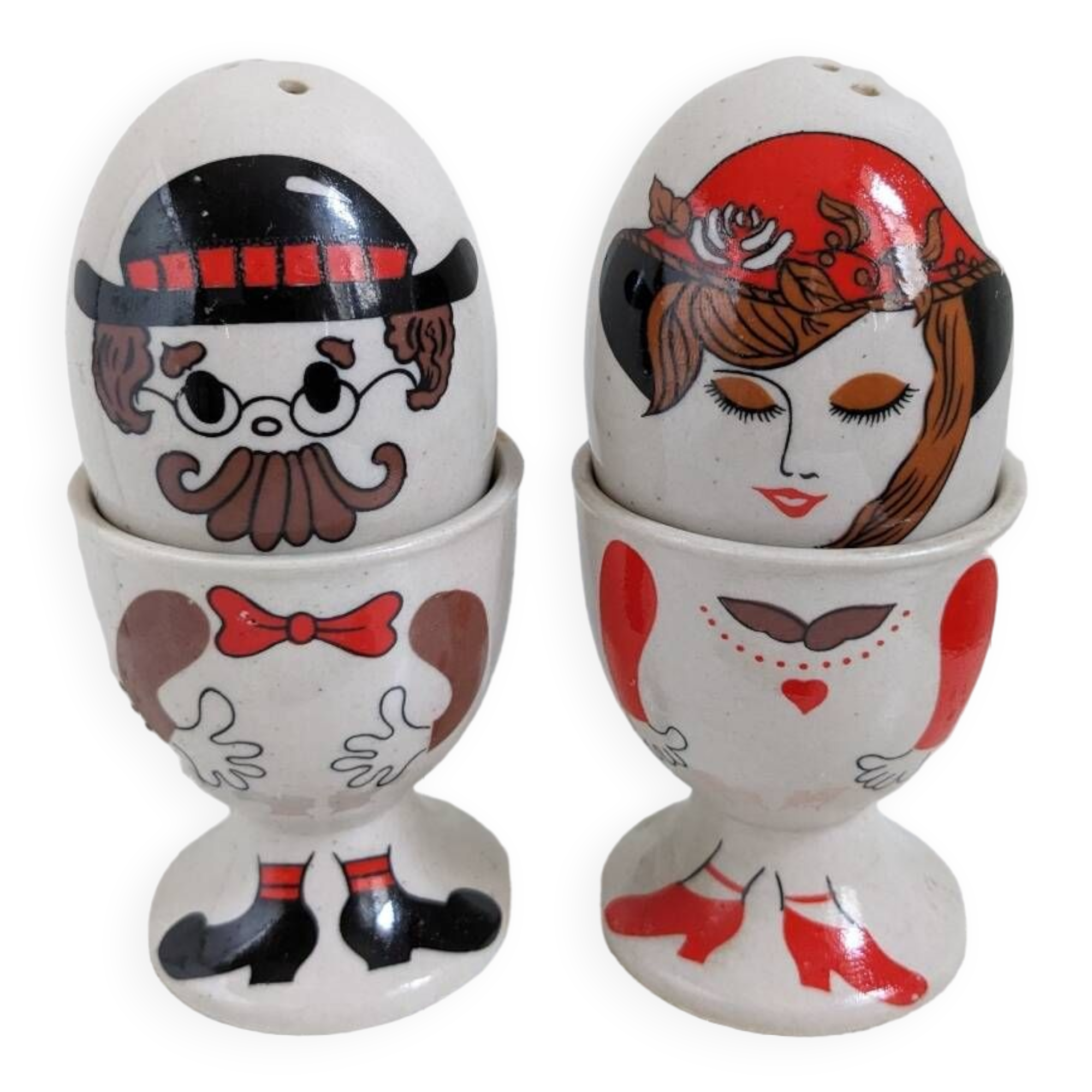 Egg cup, salt and pepper shaker duo