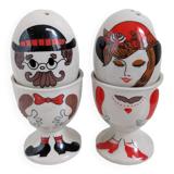 Egg cup, salt and pepper shaker duo