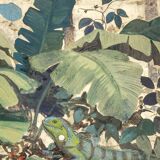 Painted canvas. Toucan on a leafy background. Contemporary work.