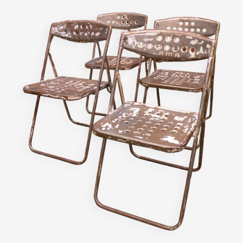 Series of four folding metal "llama" chairs, brutalist patina 1960