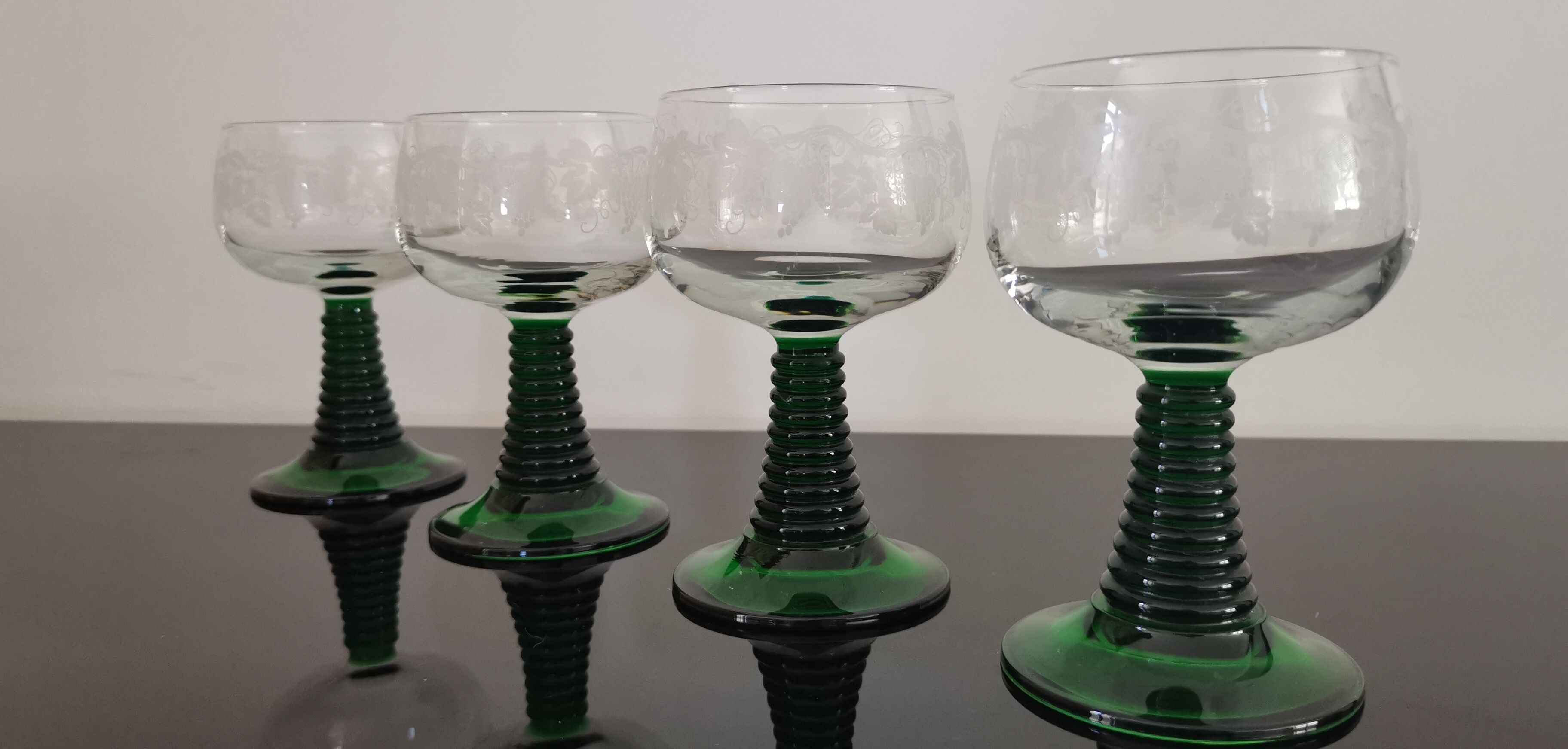 4 old Alsatian Roemer wine glasses decorated with vines