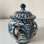 Fajalauza earthenware sugar bowl with handles, Granada, Spain, circa 1970