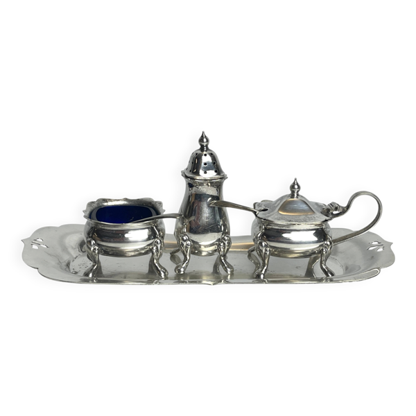 Arts de la table, serviteur 3 pièces plateau métal argenté début XXème