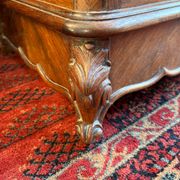 Antique Louis XV style bedside table, marble niche, marquetry, late 19th century