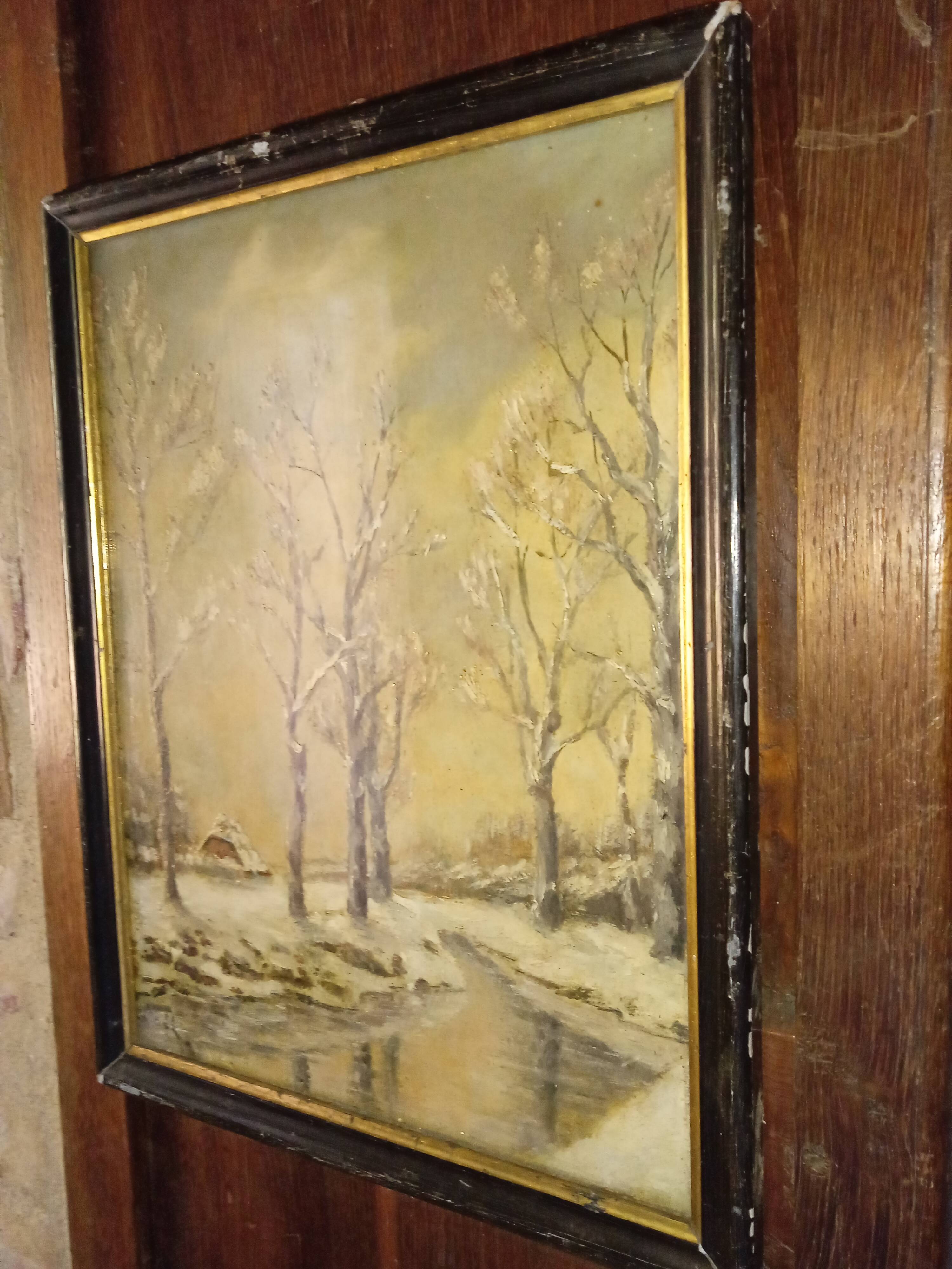 Old framed painting, oil "Wood under the snow", signed