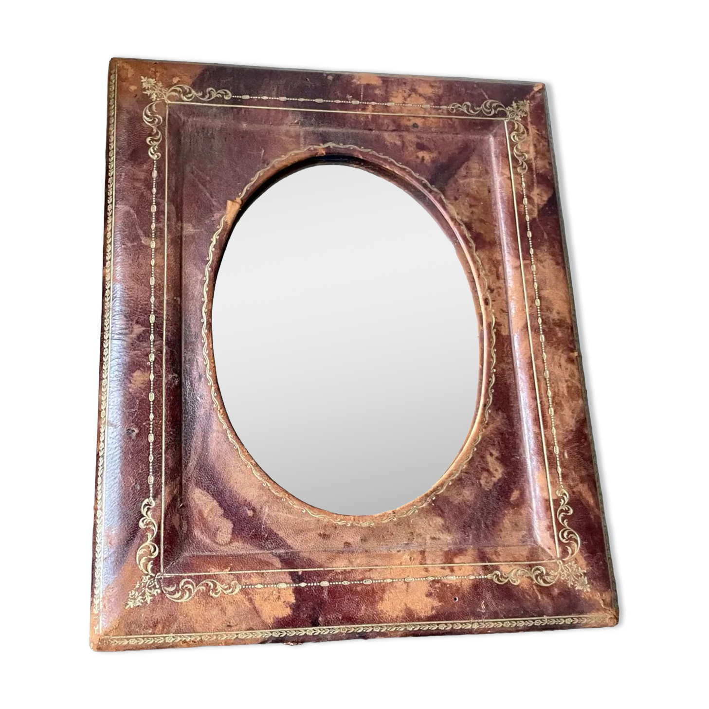 Antique leather framed mirror with gildings 30 cm x  24 cm