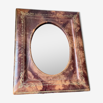 Antique leather framed mirror with gildings 30 cm x  24 cm