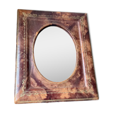 Antique leather framed mirror with gildings 30 cm x  24 cm
