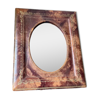 Antique leather framed mirror with gildings 30 cm x  24 cm