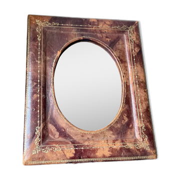 Antique leather framed mirror with gildings 30 cm x  24 cm
