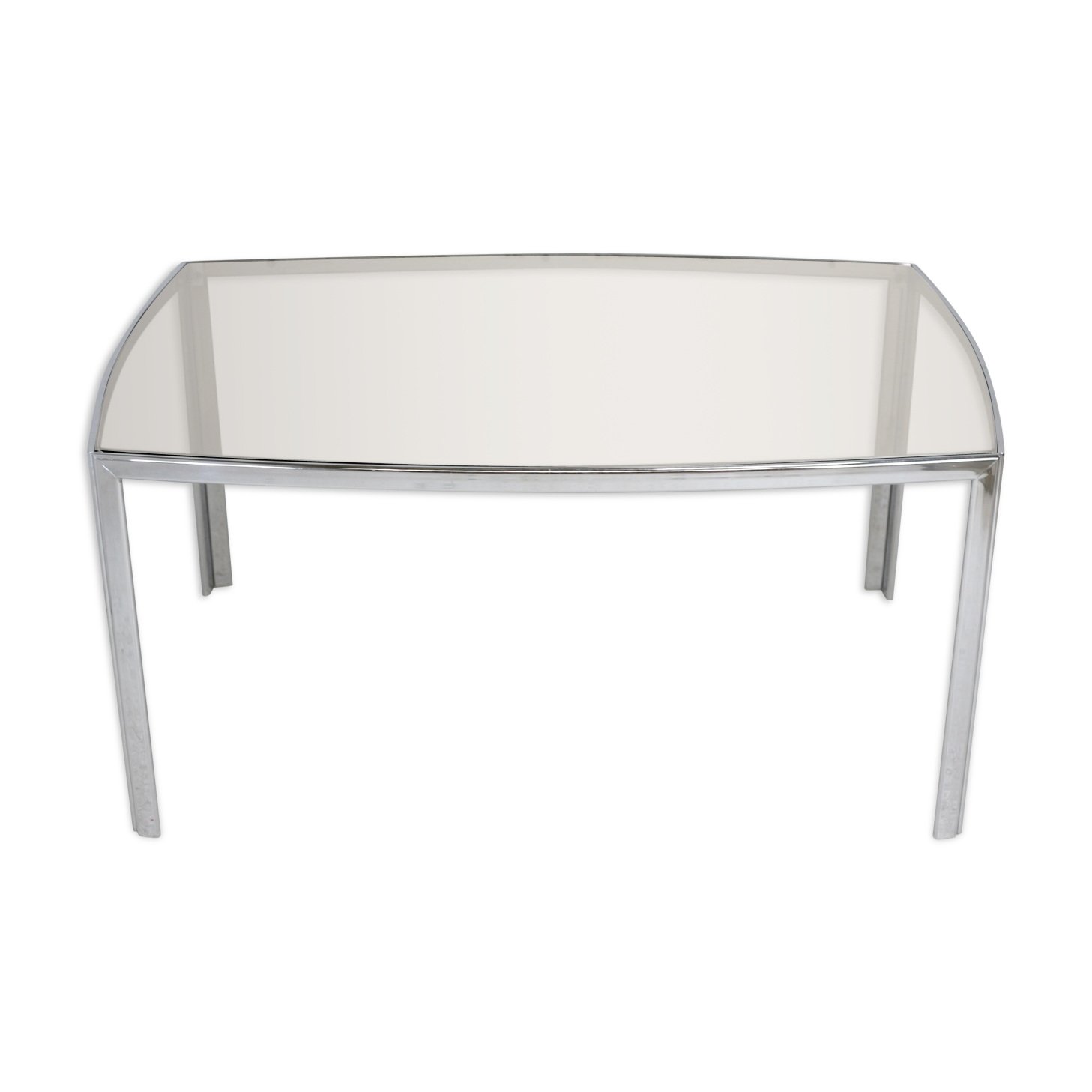 Living table. chrome metal, curved smoked glass slab, france, circa 1970.