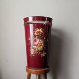 Antique metal umbrella stand with hand-painted floral decor, bohemian countryside