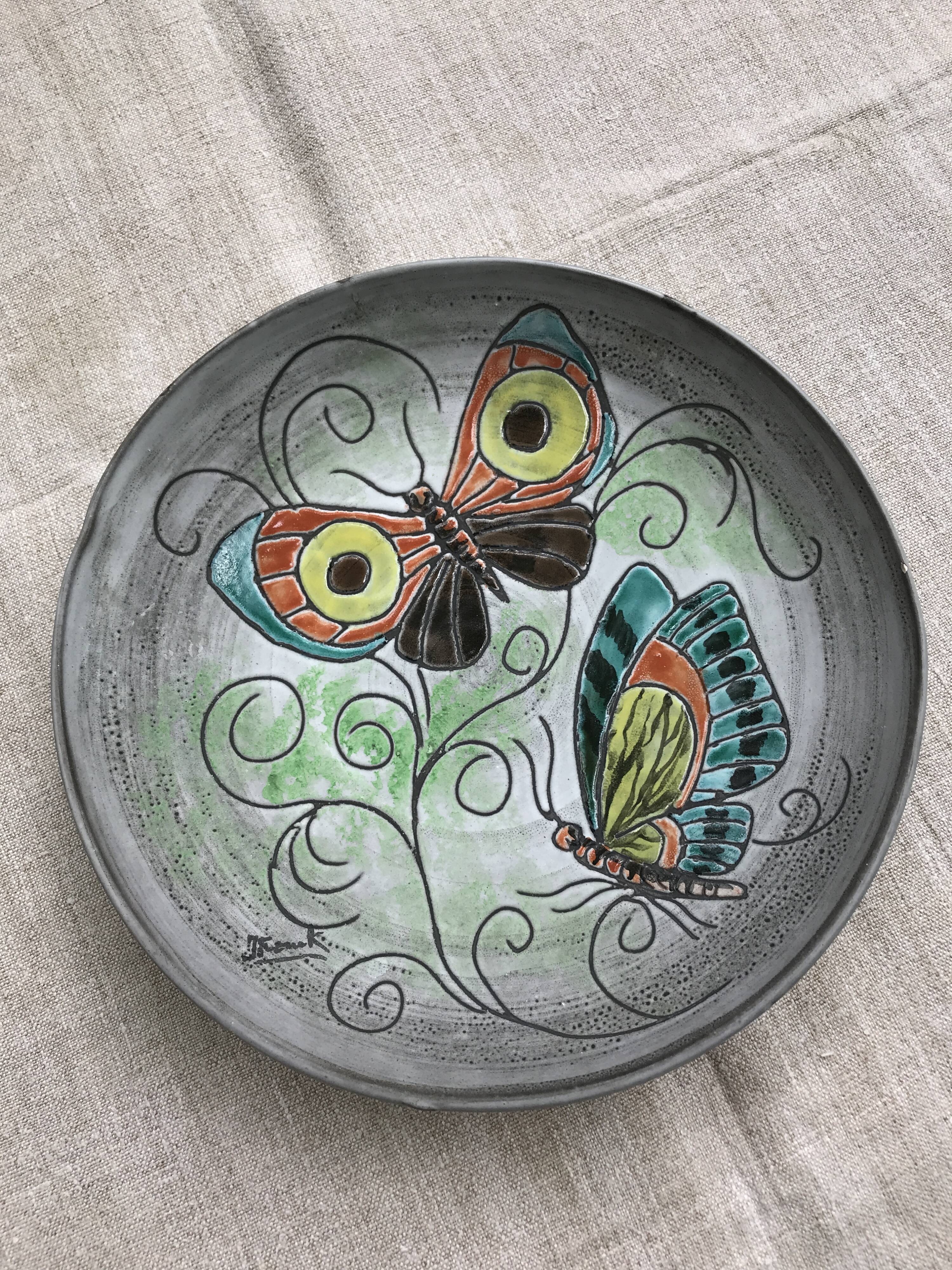 Old ceramic dish Valauris. Butterfly dish.