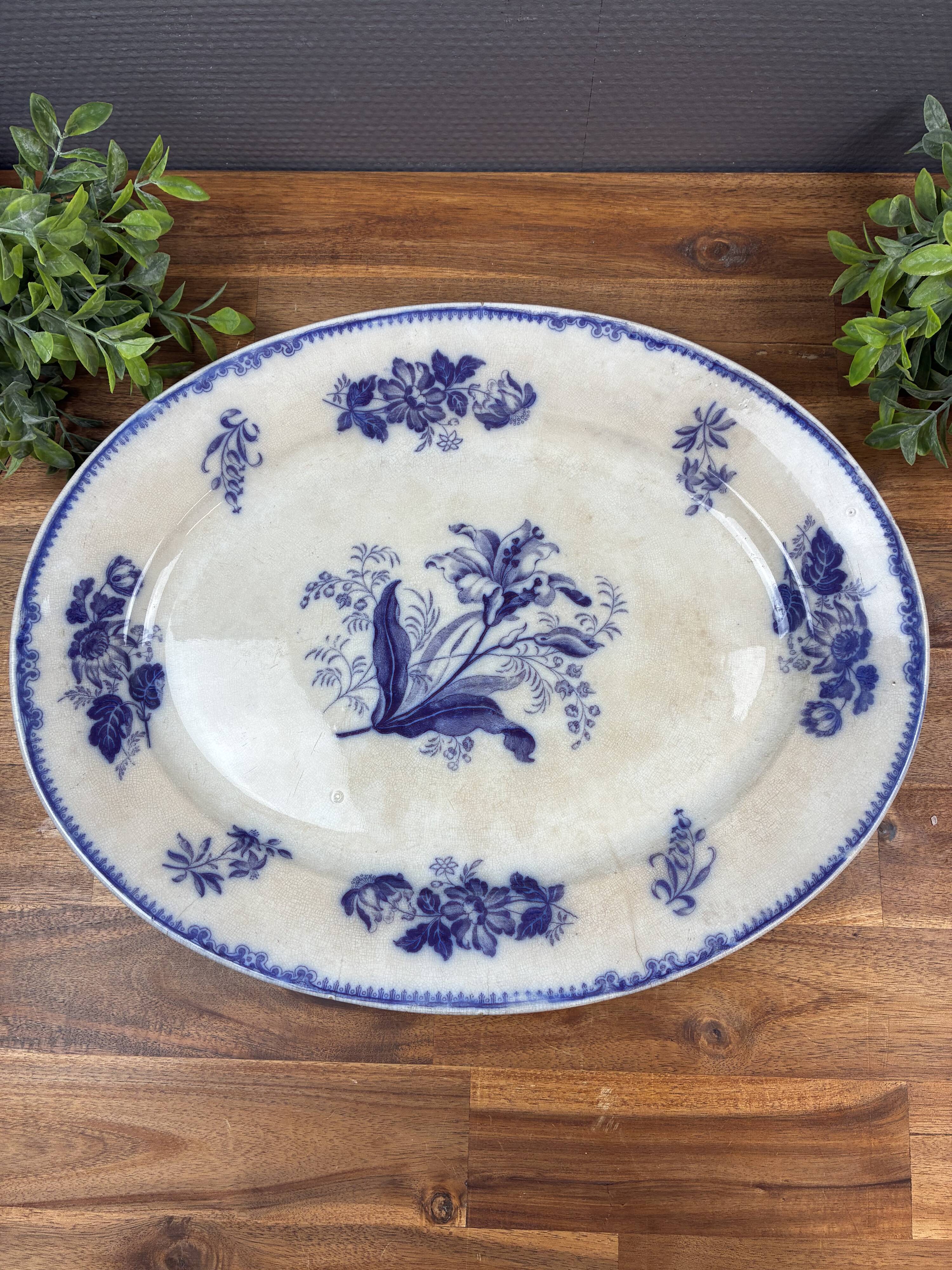 Antique Oval Porcelain Dish with Blue Floral Decoration