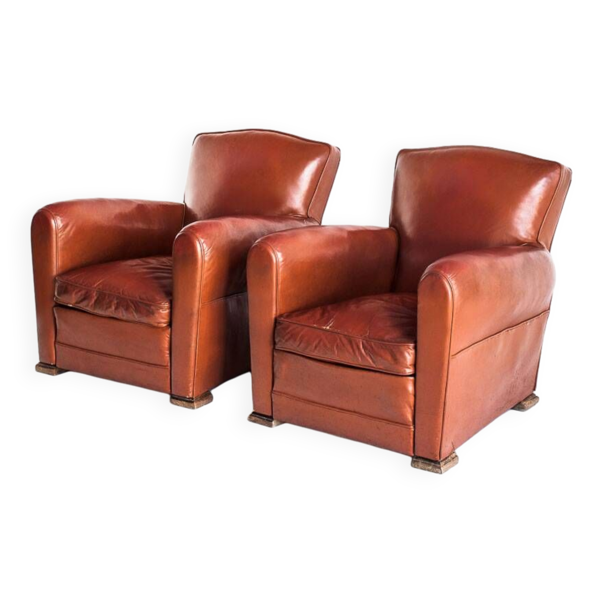 Pair of vintage club armchairs. Wood and Skay. France, 50