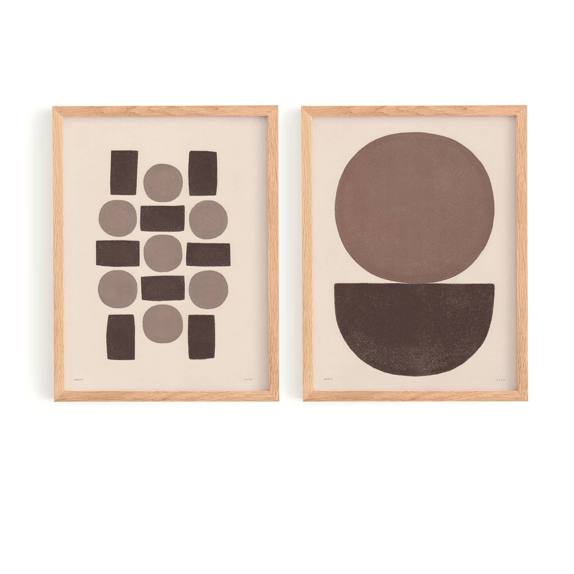 Duo of abstract paintings with geometric brown illustration signed Eawy.