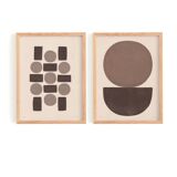 Duo of abstract paintings with geometric brown illustration signed Eawy.