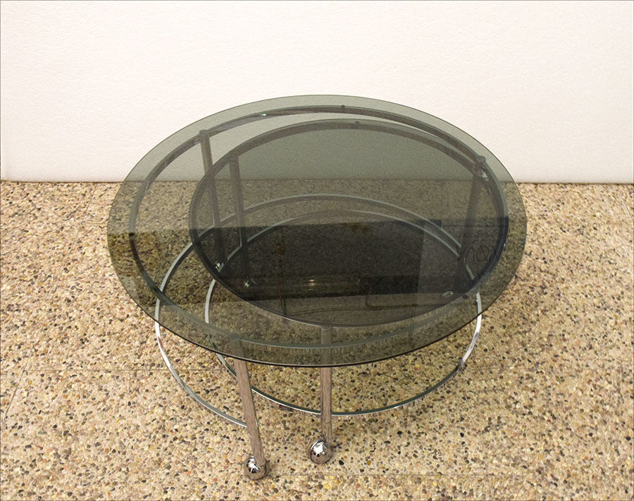 Two-tier swivel coffee table in chromed steel and crystal, 1970s