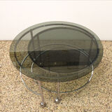 Table basse pivotante à deux niveaux en acier chromé et cristal, années 1970