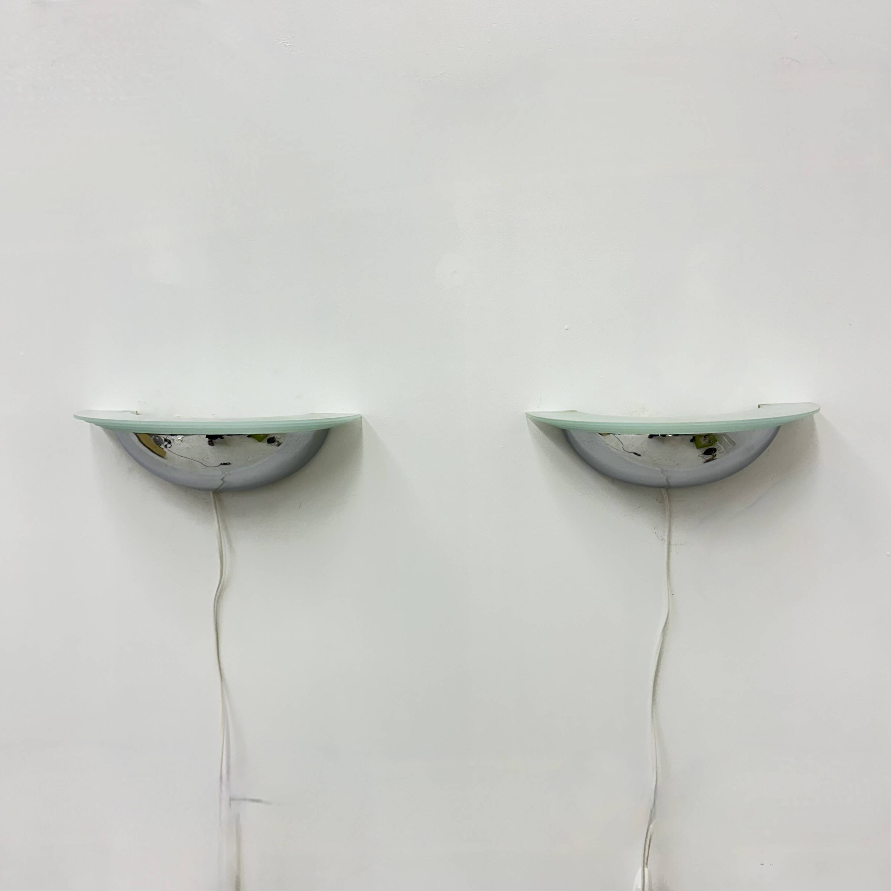 Pair of post modern wall lamps chrome and glass , 1980s