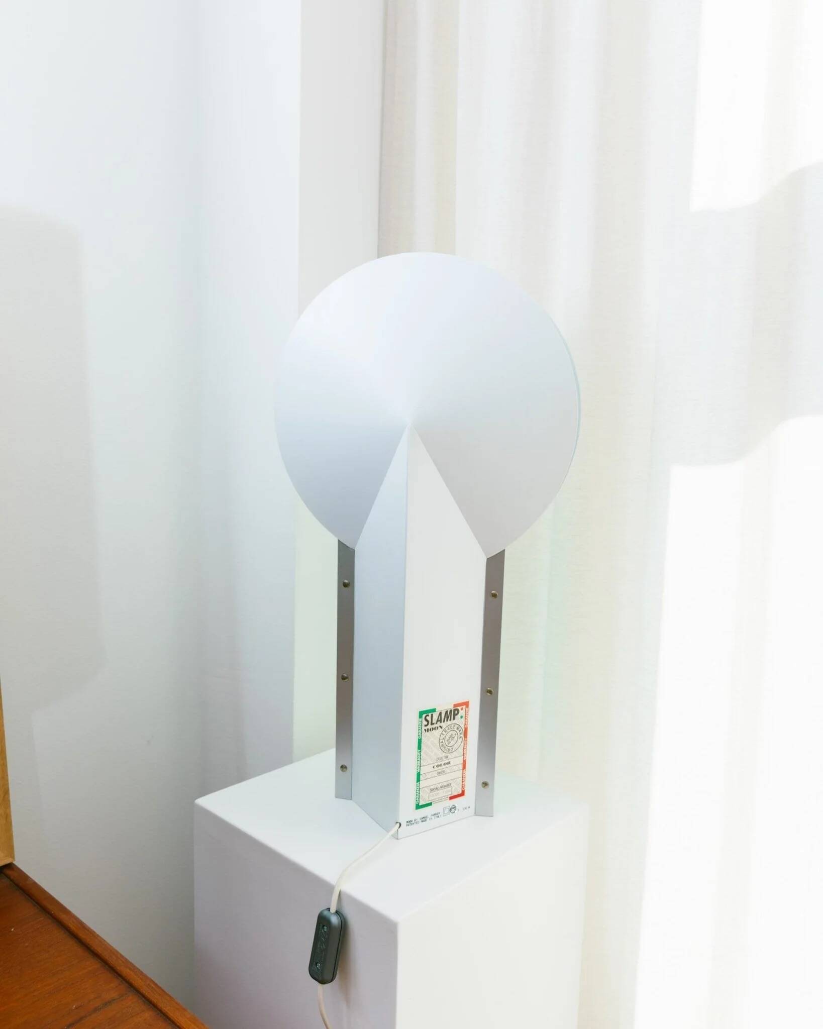 Mint green metal table lamp Slamp Moon by Samuel Parker with white disc shade, vintage 1990s design
