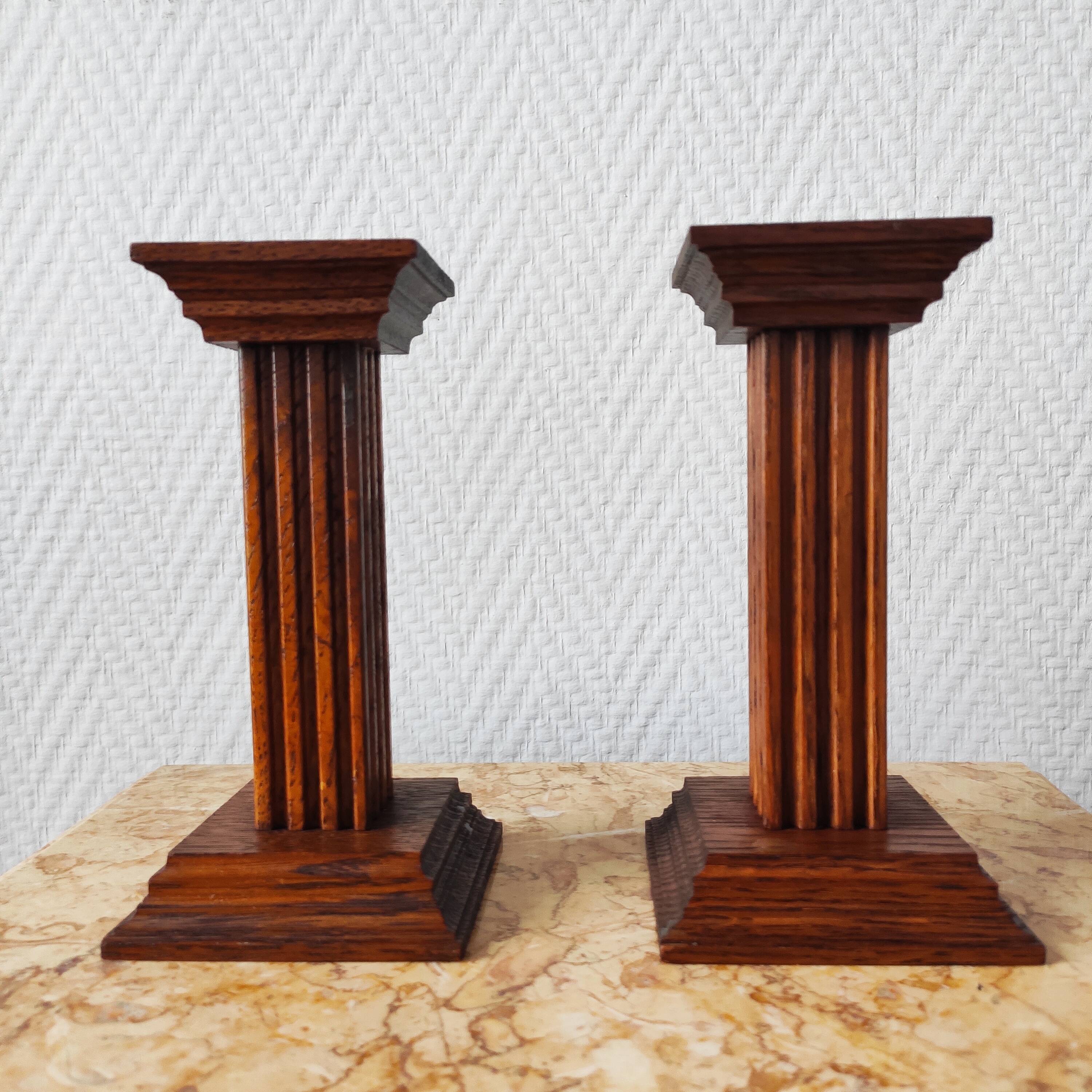 Pair of vintage oak wood candlesticks in Art Deco style