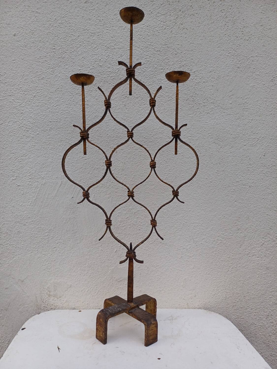 Large hammered wrought iron table candlesticks, gilded, 1950s, 60s