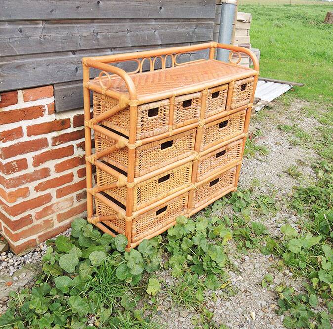Ancienne Commode en Rotin / Osier Clair 10 Tiroirs