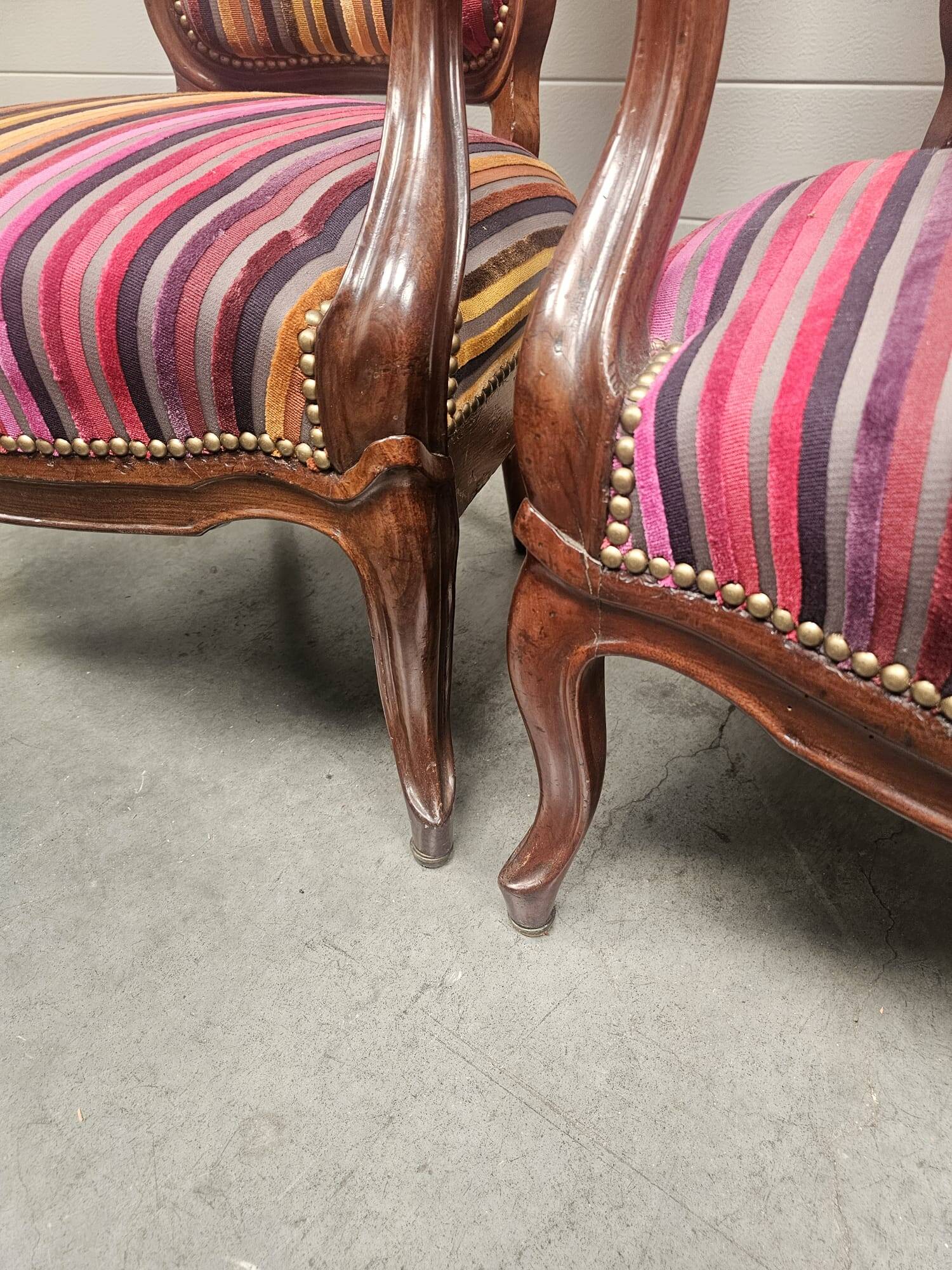 Pair of Louis Philippe armchairs in multi-colored striped velvet