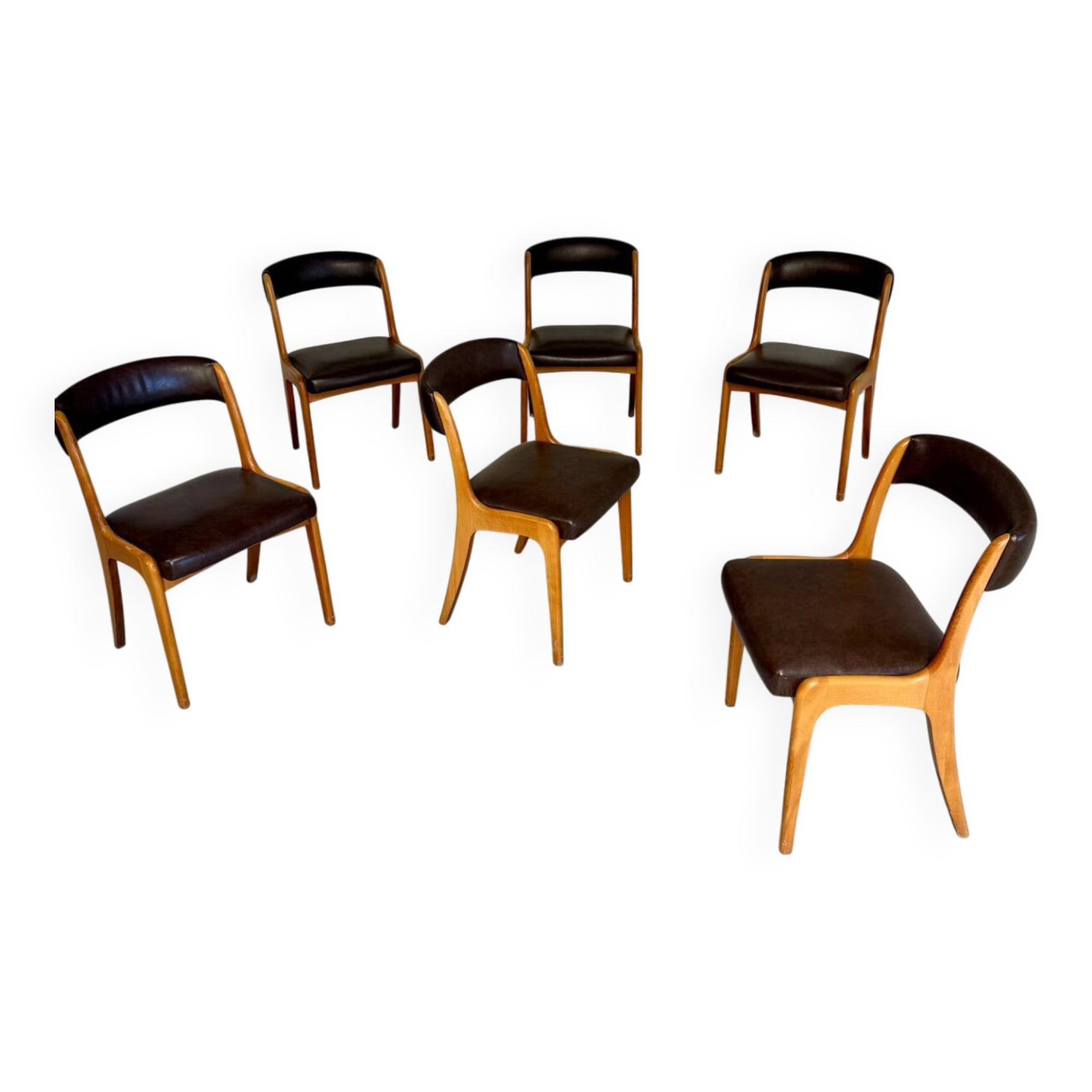 Set of 6 Baumann curved wood and imitation leather chairs, gondola model, 70s