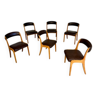 Lot de 6 chaises en bois courbé et simili Baumann modèle gondole années 70