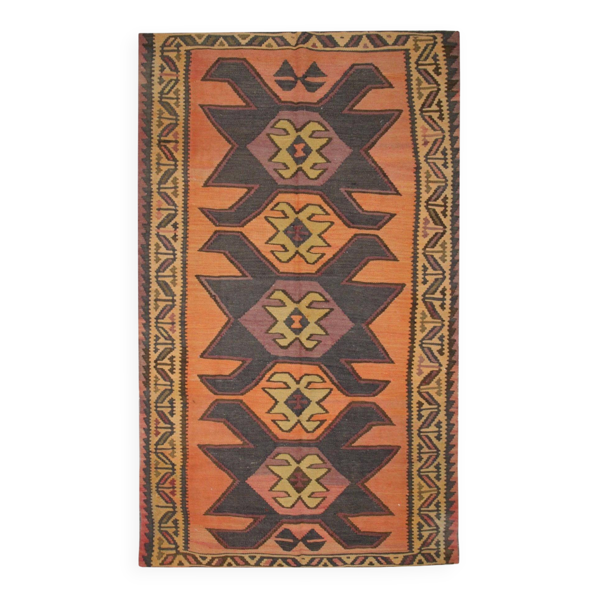 Rug & Kilim Rust Geometric Runner, Handmade Tribal Wool Flatweave, Boho Hallway Rug
