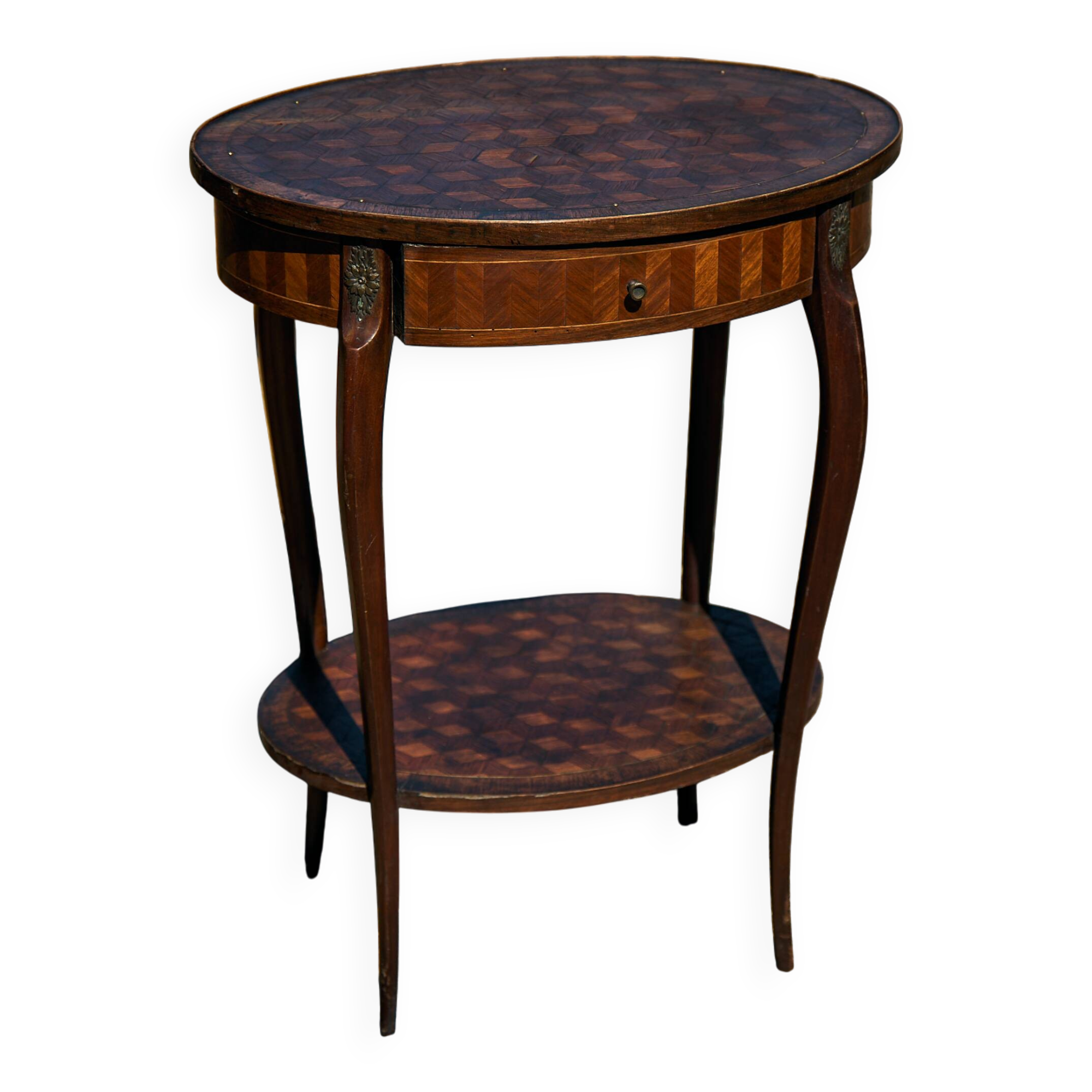 Oval coffee table in cube marquetry and bronze, Louis XV style.