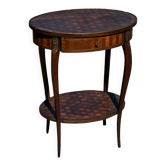 Oval coffee table in cube marquetry and bronze, Louis XV style.